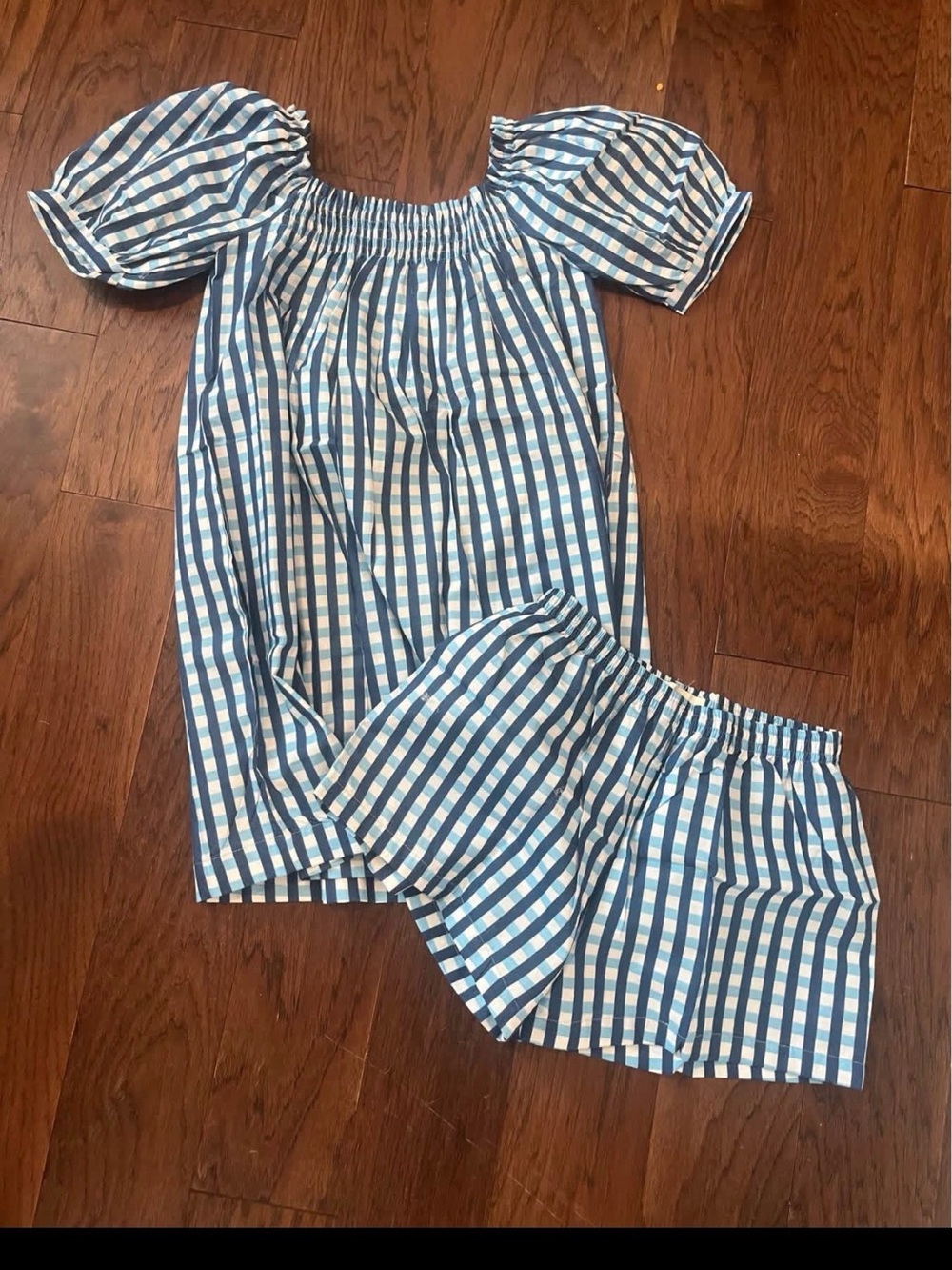 Blue and White Gingham Mini Dress with Puff Sleeves